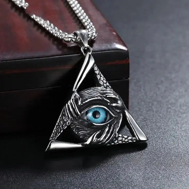 👁️ Eye Of Horus Round Pendant Necklace – Silver Color | Retro Rune Design | Stainless Steel Chain | Hip Hop Punk Unisex Fashion Jewelry A20083-Blue