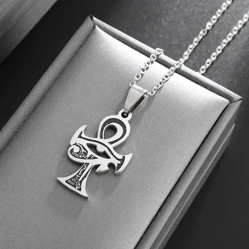 👁️ Eye Of Horus Round Pendant Necklace – Silver Color | Retro Rune Design | Stainless Steel Chain | Hip Hop Punk Unisex Fashion Jewelry AL20279-Silver
