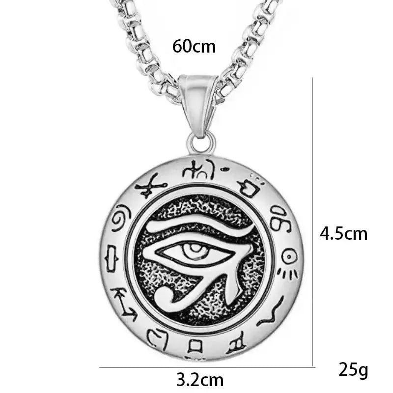 👁️ Eye Of Horus Round Pendant Necklace – Silver Color | Retro Rune Design | Stainless Steel Chain | Hip Hop Punk Unisex Fashion Jewelry