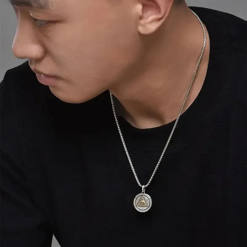 👁️ Eye Of Horus Round Pendant Necklace – Silver Color | Retro Rune Design | Stainless Steel Chain | Hip Hop Punk Unisex Fashion Jewelry
