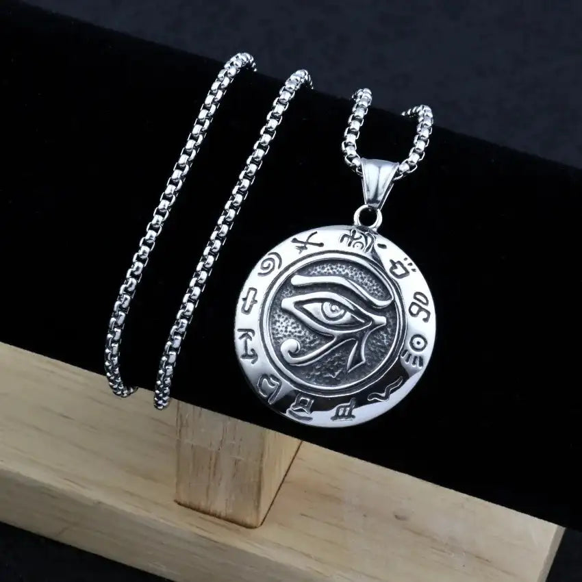 👁️ Eye Of Horus Round Pendant Necklace – Silver Color | Retro Rune Design | Stainless Steel Chain | Hip Hop Punk Unisex Fashion Jewelry