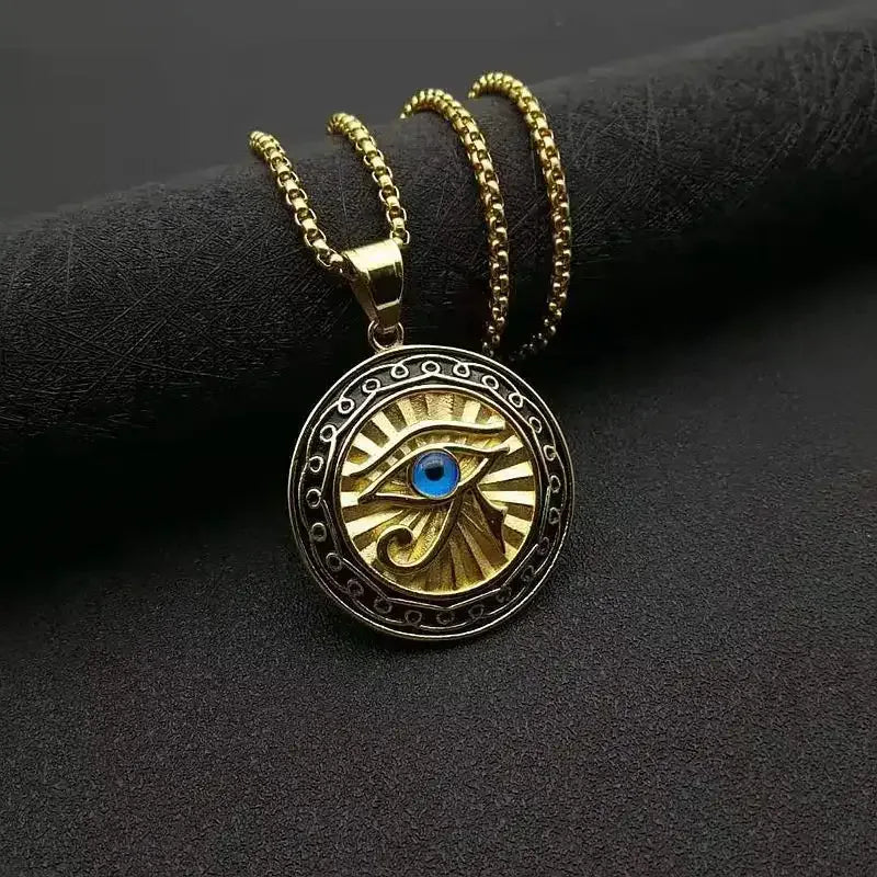 👁️ Eye Of Horus Round Pendant Necklace – Silver Color | Retro Rune Design | Stainless Steel Chain | Hip Hop Punk Unisex Fashion Jewelry AL4019-Gold-color