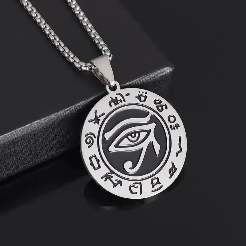 👁️ Eye Of Horus Round Pendant Necklace – Silver Color | Retro Rune Design | Stainless Steel Chain | Hip Hop Punk Unisex Fashion Jewelry AL19822-Silver