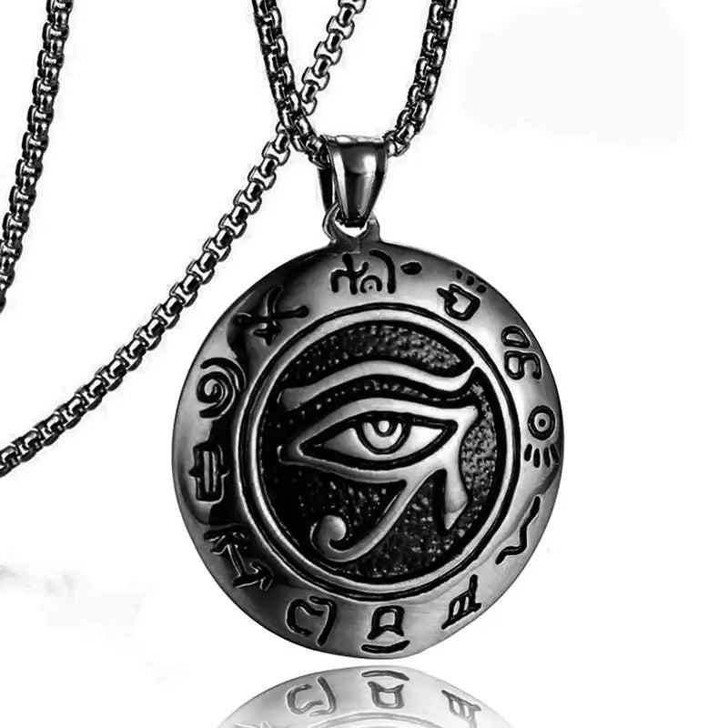 👁️ Eye Of Horus Round Pendant Necklace – Silver Color | Retro Rune Design | Stainless Steel Chain | Hip Hop Punk Unisex Fashion Jewelry black gold color