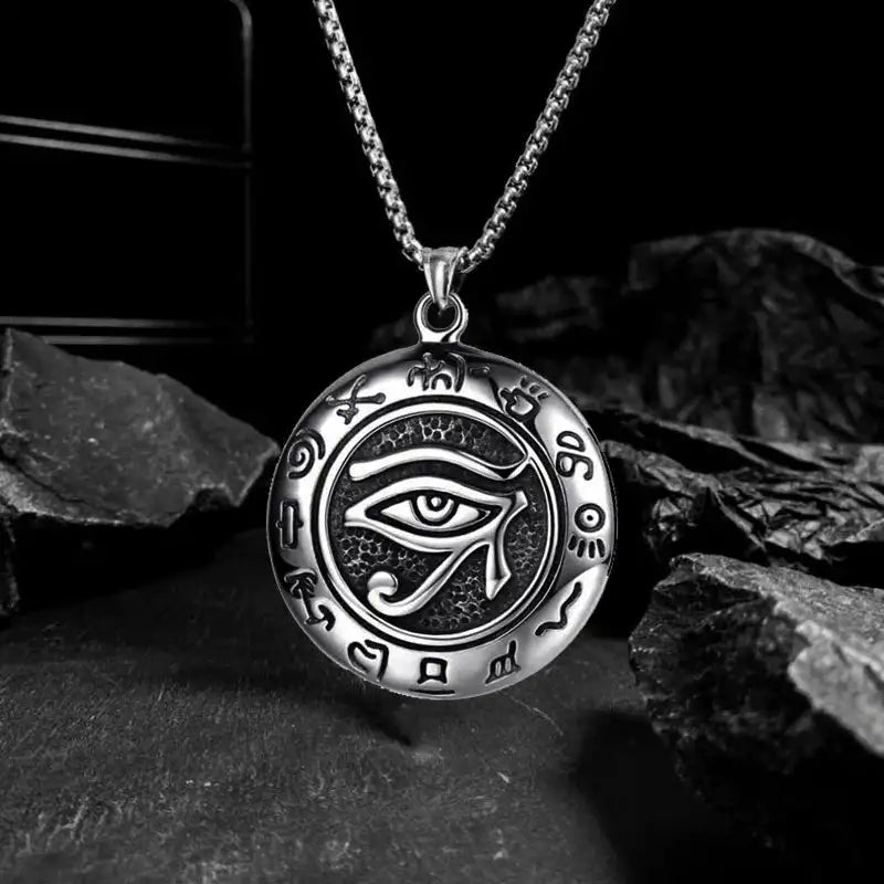 👁️ Eye Of Horus Round Pendant Necklace – Silver Color | Retro Rune Design | Stainless Steel Chain | Hip Hop Punk Unisex Fashion Jewelry