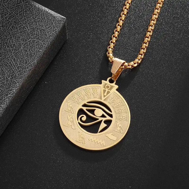 👁️ Eye Of Horus Round Pendant Necklace – Silver Color | Retro Rune Design | Stainless Steel Chain | Hip Hop Punk Unisex Fashion Jewelry AL20749-Gold