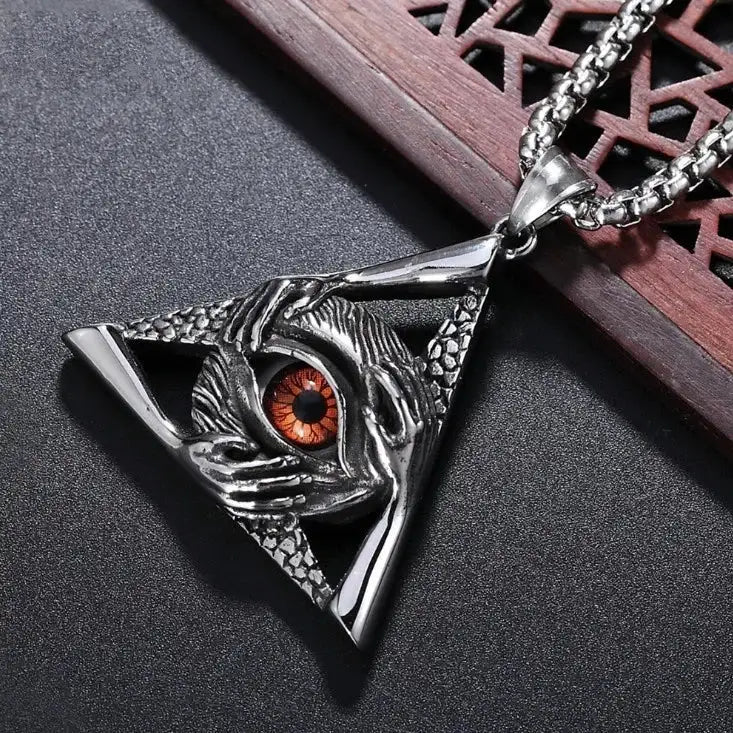 👁️ Eye Of Horus Round Pendant Necklace – Silver Color | Retro Rune Design | Stainless Steel Chain | Hip Hop Punk Unisex Fashion Jewelry A20083-Red