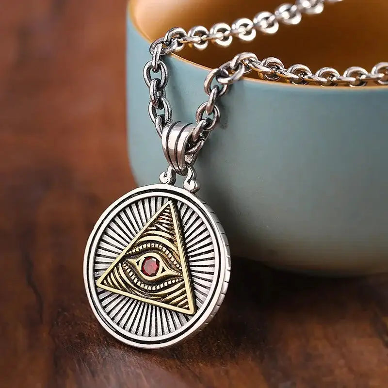 👁️ Eye Of Horus Round Pendant Necklace – Silver Color | Retro Rune Design | Stainless Steel Chain | Hip Hop Punk Unisex Fashion Jewelry AL4506-Silver