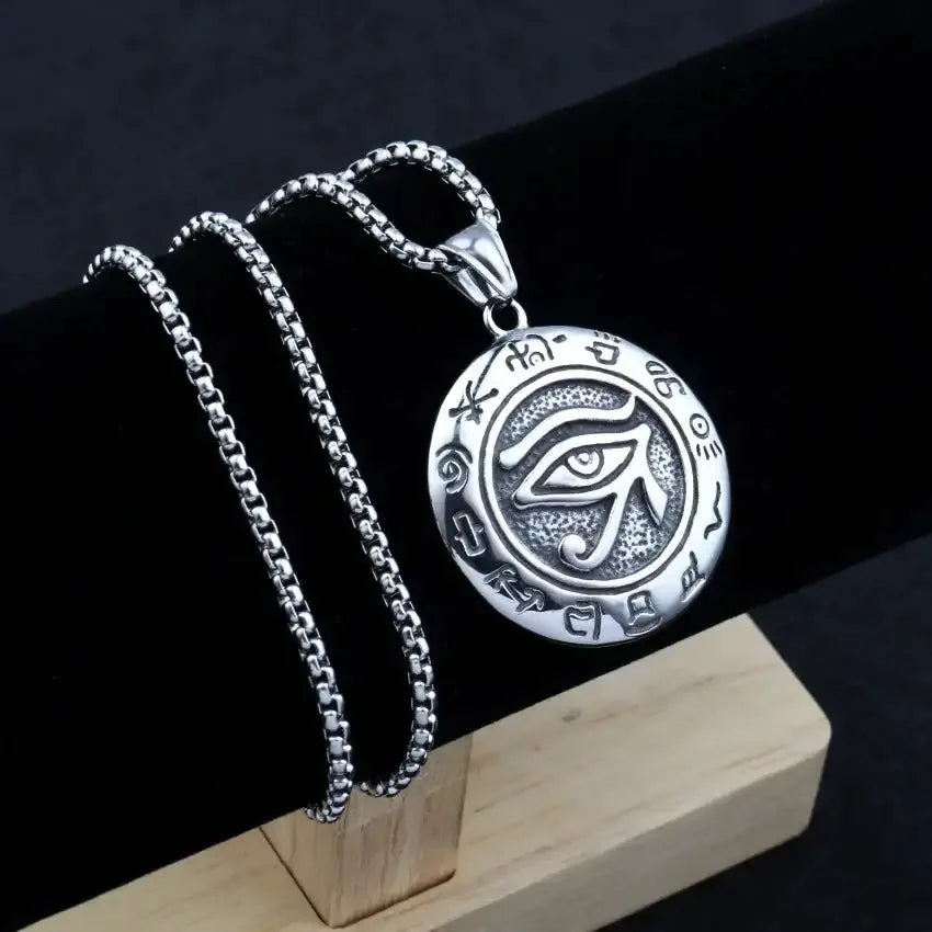 👁️ Eye Of Horus Round Pendant Necklace – Silver Color | Retro Rune Design | Stainless Steel Chain | Hip Hop Punk Unisex Fashion Jewelry