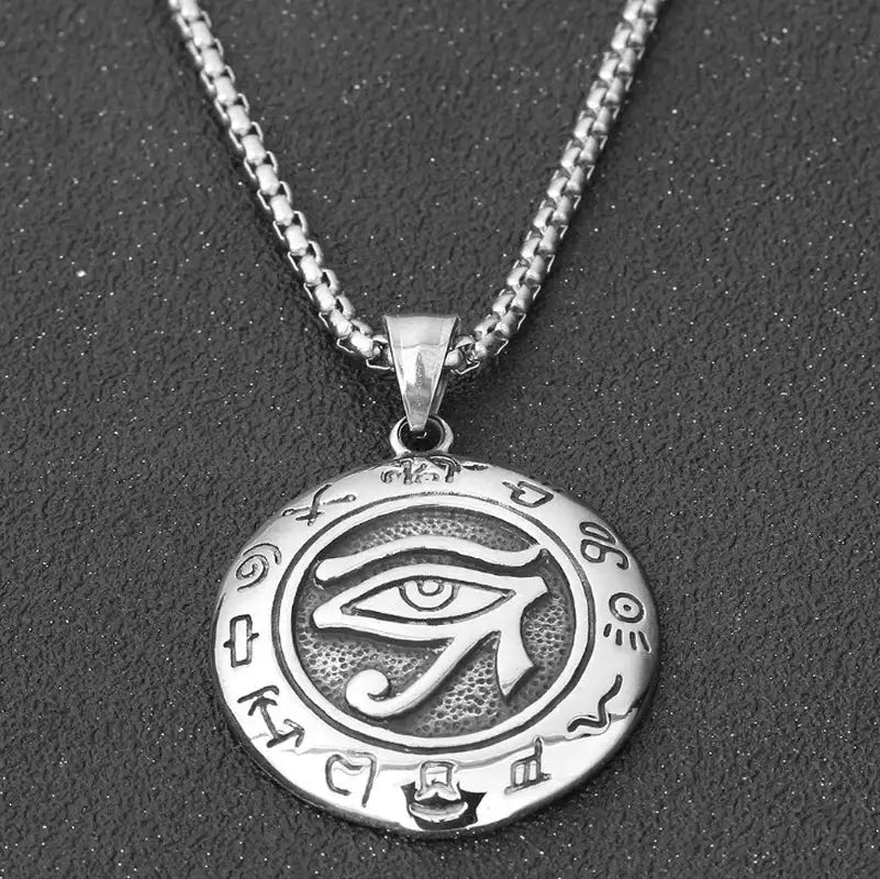 👁️ Eye Of Horus Round Pendant Necklace – Silver Color | Retro Rune Design | Stainless Steel Chain | Hip Hop Punk Unisex Fashion Jewelry A29710-silver