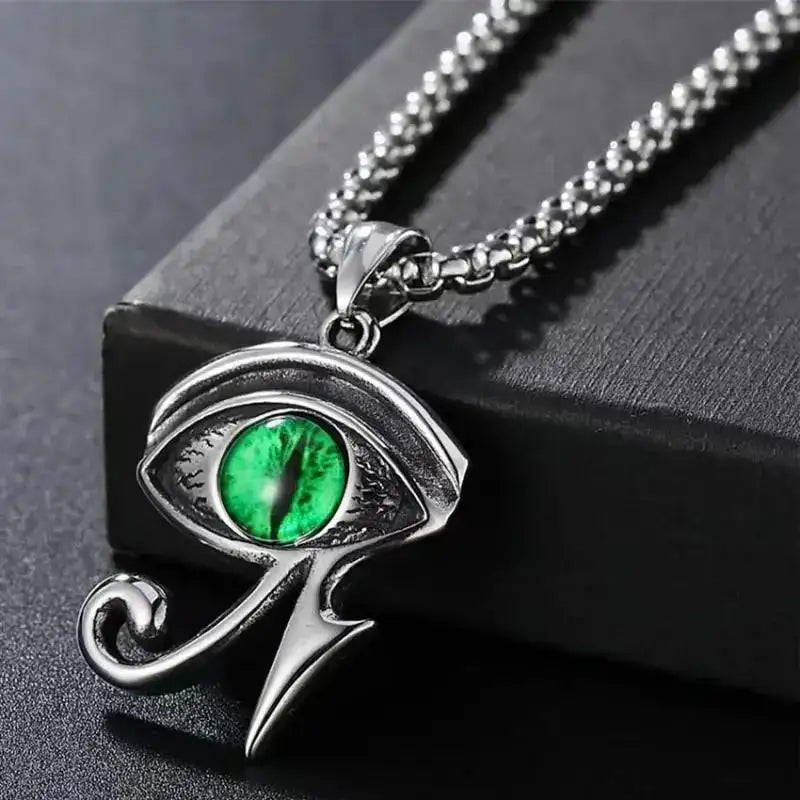 👁️ Eye Of Horus Round Pendant Necklace – Silver Color | Retro Rune Design | Stainless Steel Chain | Hip Hop Punk Unisex Fashion Jewelry AL4516-Green