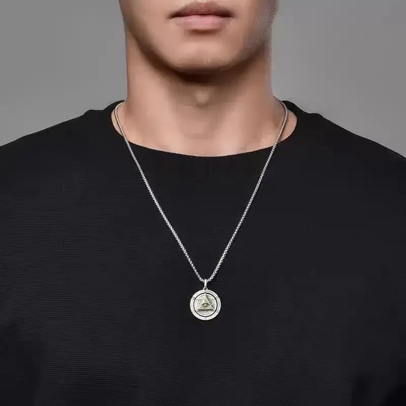 👁️ Eye Of Horus Round Pendant Necklace – Silver Color | Retro Rune Design | Stainless Steel Chain | Hip Hop Punk Unisex Fashion Jewelry