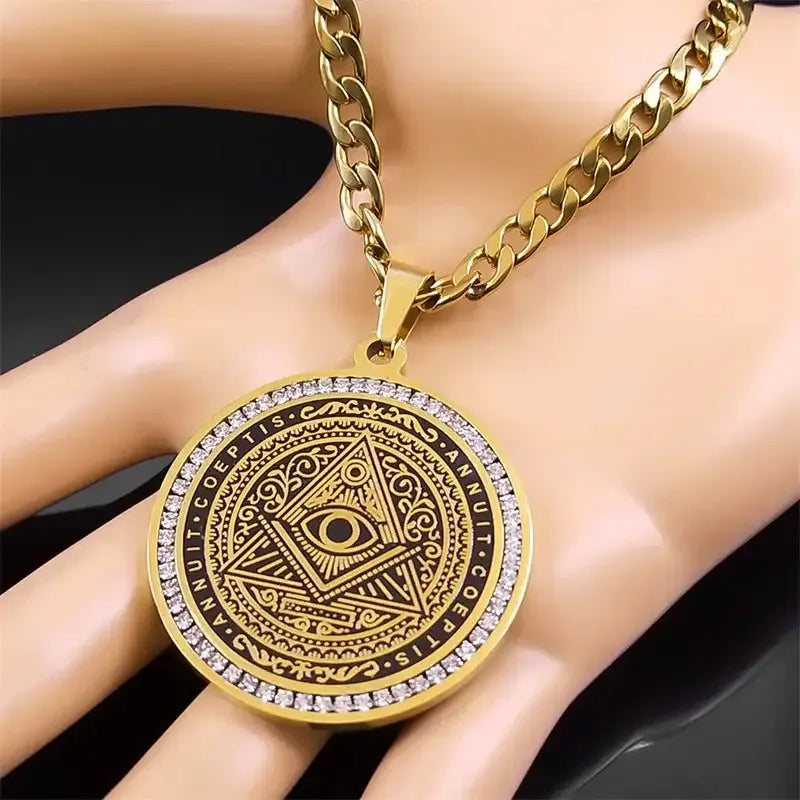 👁️ Eye of Providence Illuminati Pyramid Necklace – Large Crystal Pendant | Men's Hip Hop Style | Stainless Steel Gold Color Chain Accessories