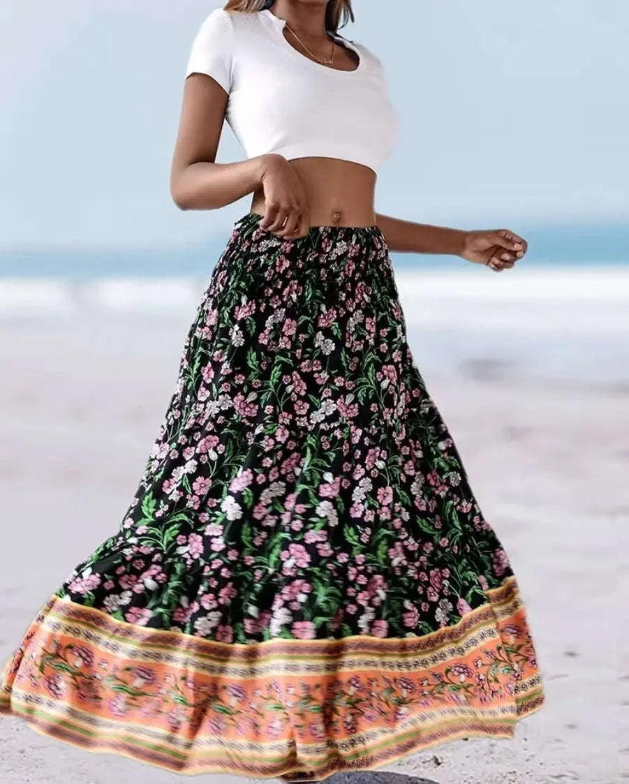👗 Fashion Boho Printed Long Skirt – Casual Retro Vacation Style with Elastic Waist and A-line Big Hem for Women, Spring Summer New
