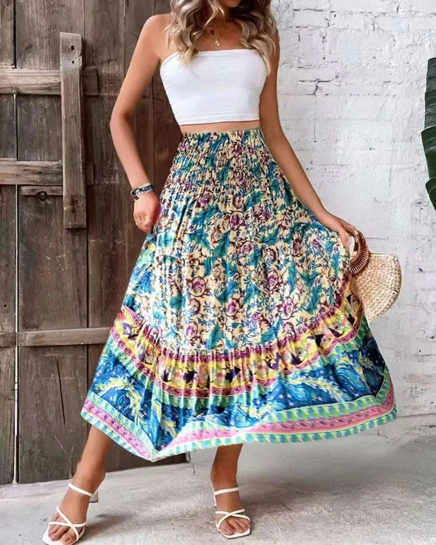 👗 Fashion Boho Printed Long Skirt – Casual Retro Vacation Style with Elastic Waist and A-line Big Hem for Women, Spring Summer New