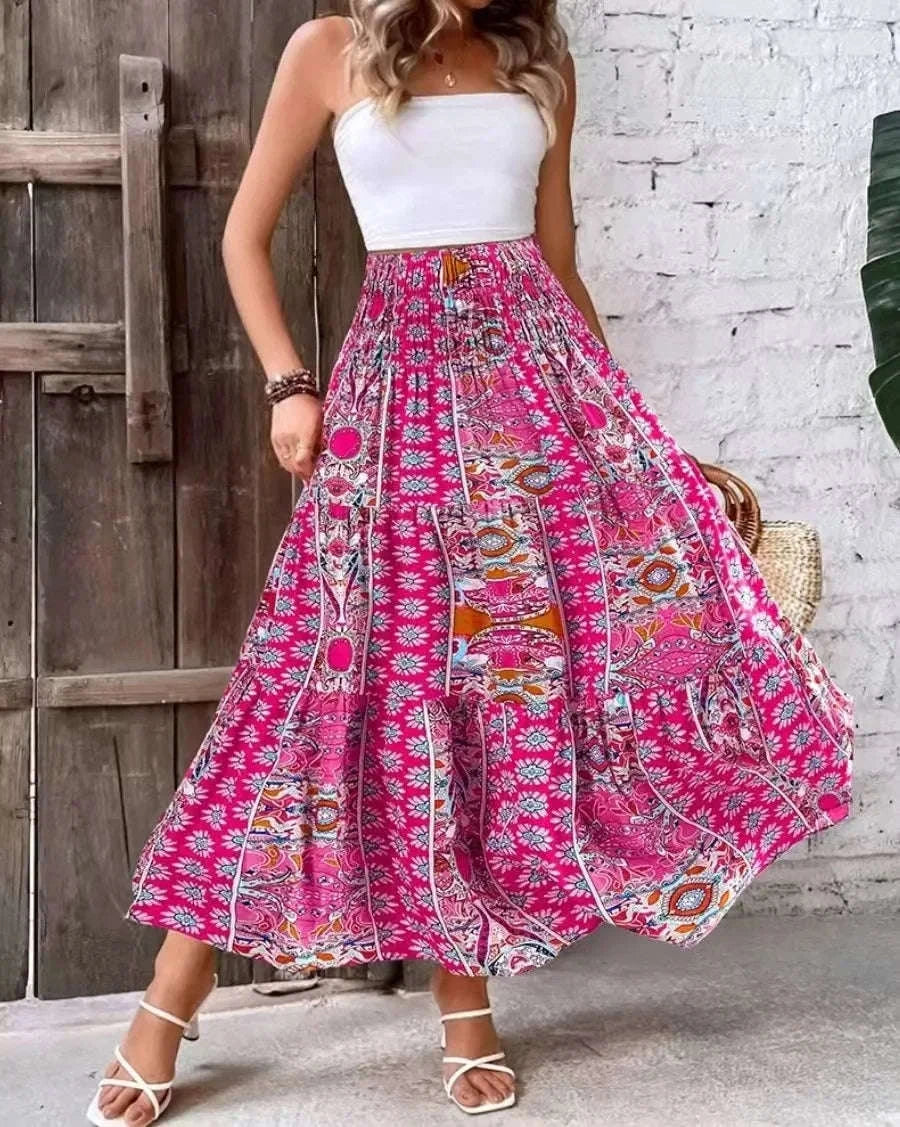 👗 Fashion Boho Printed Long Skirt – Casual Retro Vacation Style with Elastic Waist and A-line Big Hem for Women, Spring Summer New
