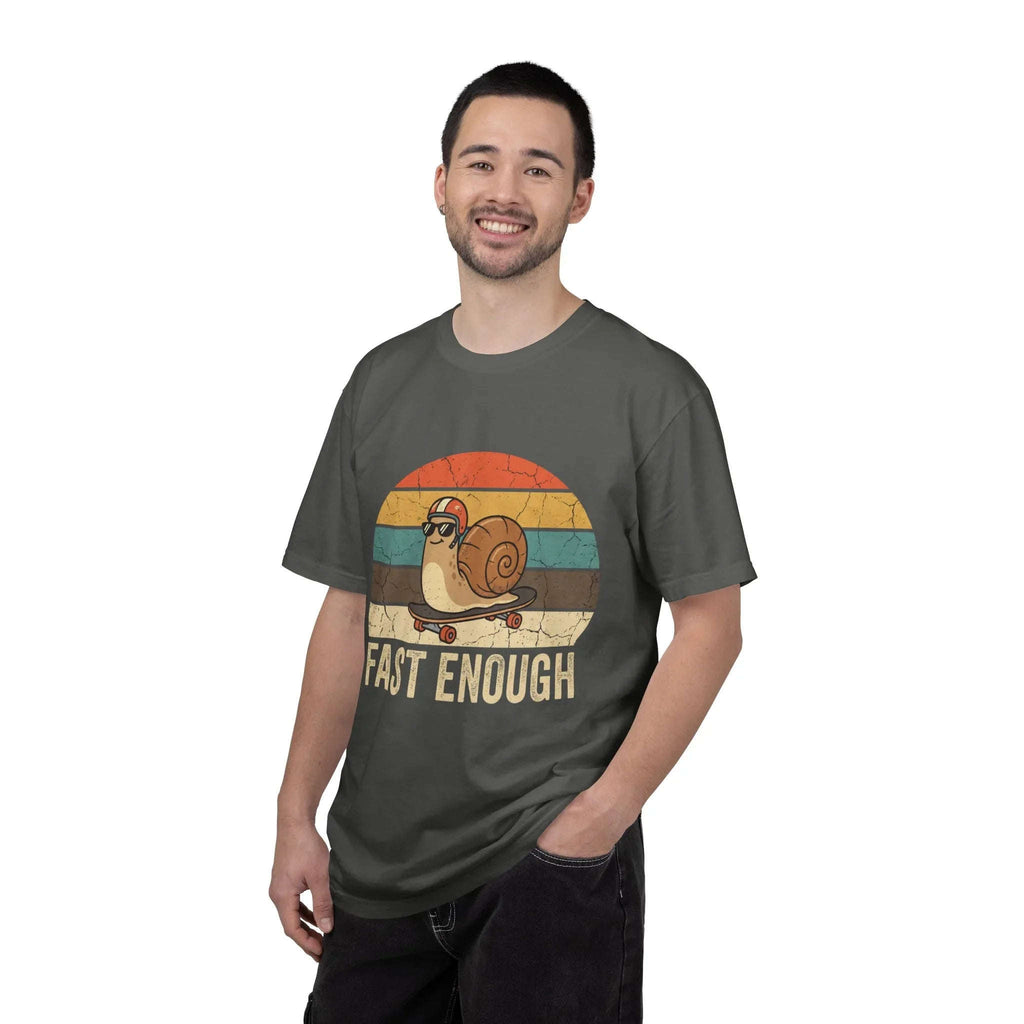 Fast Enough Snail Skateboard T-Shirt | Retro Sunset Graphic Tee | Funny Vintage Streetwear | Garment-Dyed Heavyweight Unisex Shirt