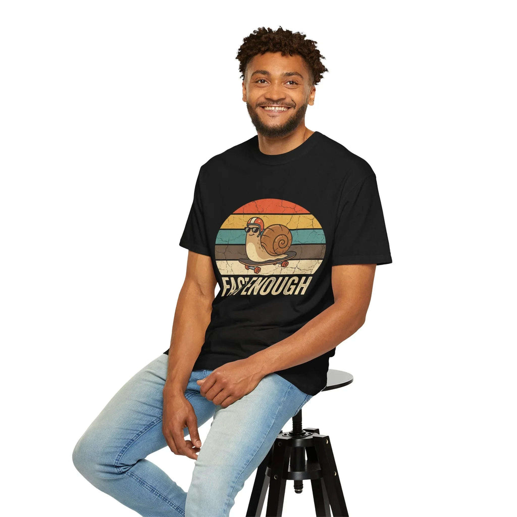 Fast Enough Snail Skateboard T-Shirt | Retro Sunset Graphic Tee | Funny Vintage Streetwear | Garment-Dyed Heavyweight Unisex Shirt