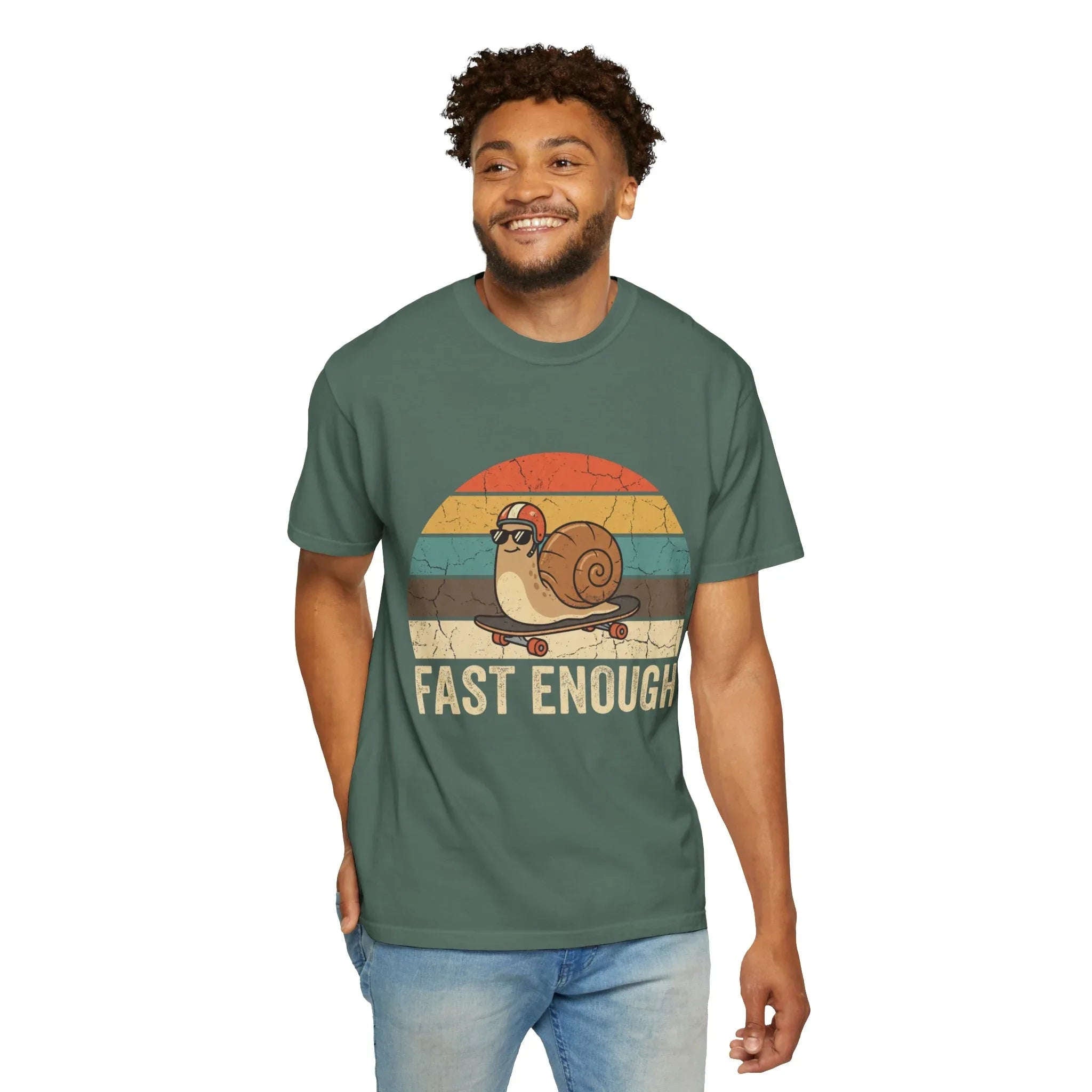 Fast Enough Snail Skateboard T-Shirt | Retro Sunset Graphic Tee | Funny Vintage Streetwear | Garment-Dyed Heavyweight Unisex Shirt Blue Spruce