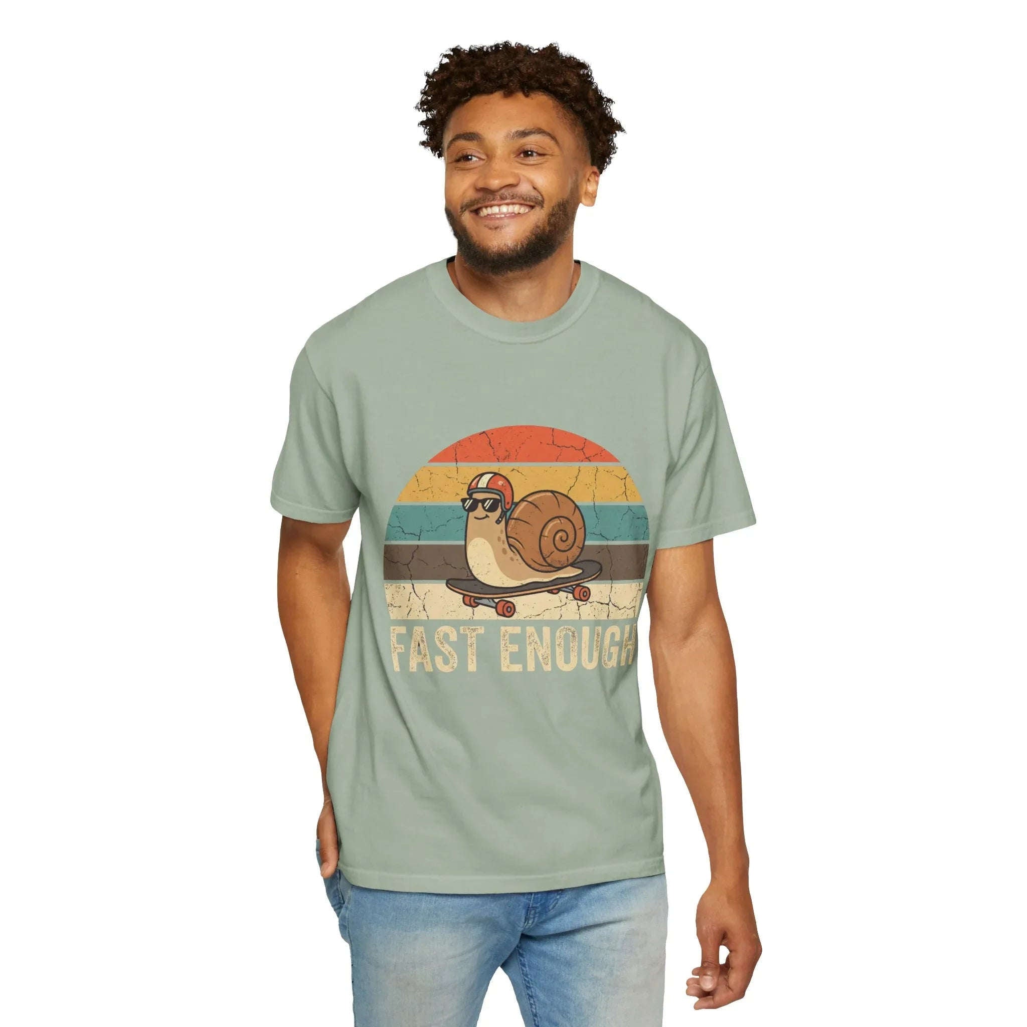 Fast Enough Snail Skateboard T-Shirt | Retro Sunset Graphic Tee | Funny Vintage Streetwear | Garment-Dyed Heavyweight Unisex Shirt Bay