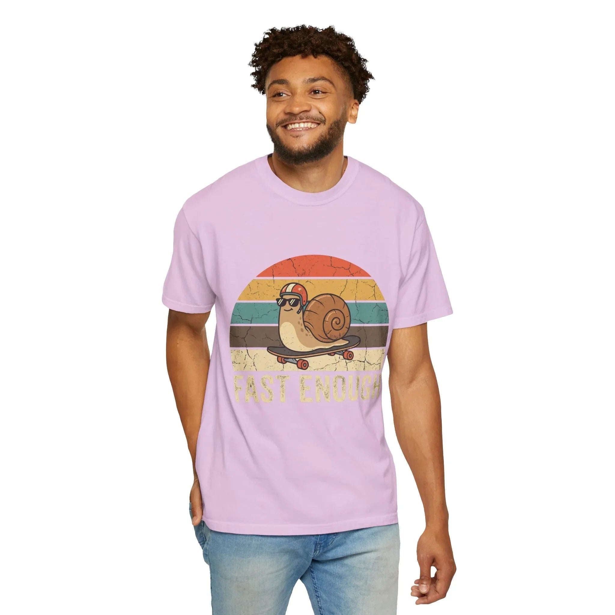 Fast Enough Snail Skateboard T-Shirt | Retro Sunset Graphic Tee | Funny Vintage Streetwear | Garment-Dyed Heavyweight Unisex Shirt Orchid