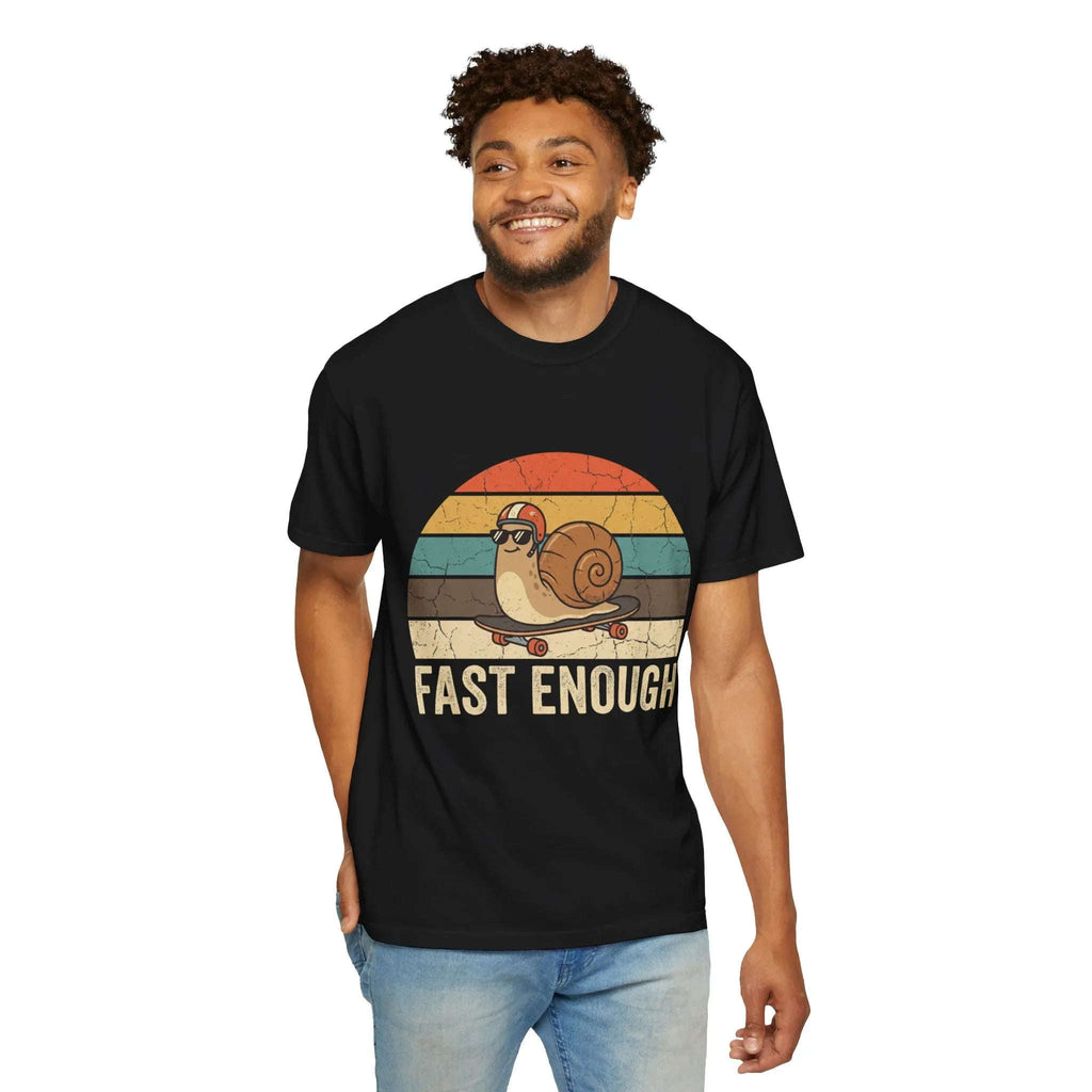 Fast Enough Snail Skateboard T-Shirt | Retro Sunset Graphic Tee | Funny Vintage Streetwear | Garment-Dyed Heavyweight Unisex Shirt