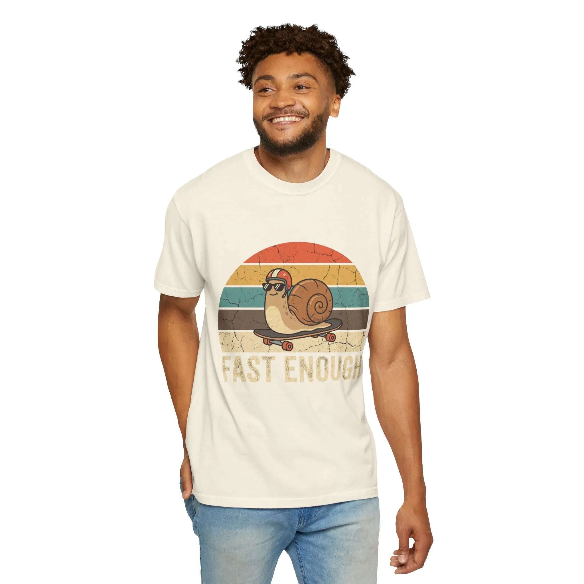 Fast Enough Snail Skateboard T-Shirt | Retro Sunset Graphic Tee | Funny Vintage Streetwear | Garment-Dyed Heavyweight Unisex Shirt Ivory