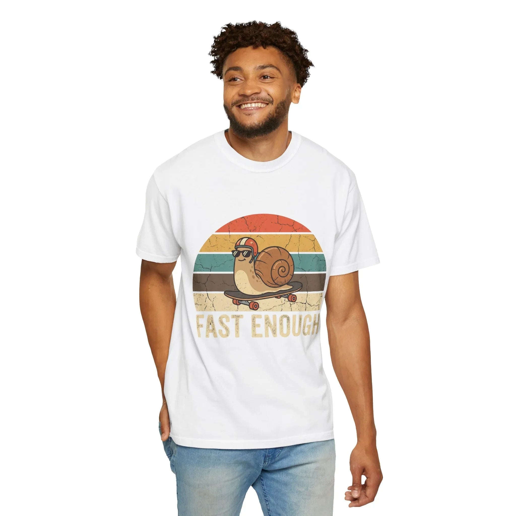 Fast Enough Snail Skateboard T-Shirt | Retro Sunset Graphic Tee | Funny Vintage Streetwear | Garment-Dyed Heavyweight Unisex Shirt