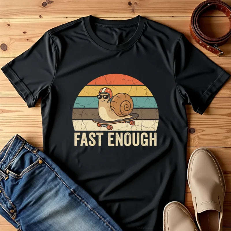 Fast Enough Snail Skateboard T-Shirt | Retro Sunset Graphic Tee | Funny Vintage Streetwear | Garment-Dyed Heavyweight Unisex Shirt Black