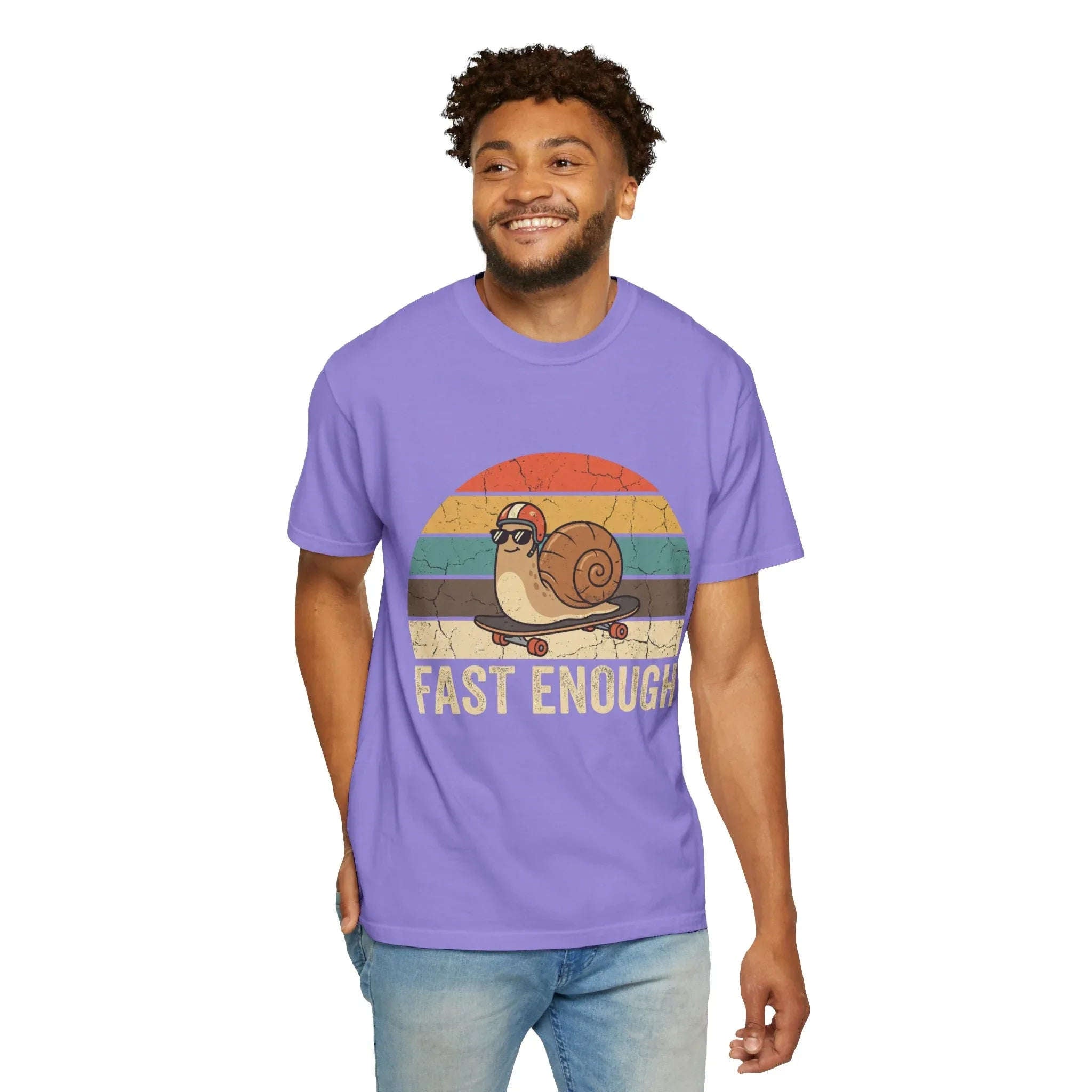 Fast Enough Snail Skateboard T-Shirt | Retro Sunset Graphic Tee | Funny Vintage Streetwear | Garment-Dyed Heavyweight Unisex Shirt Violet