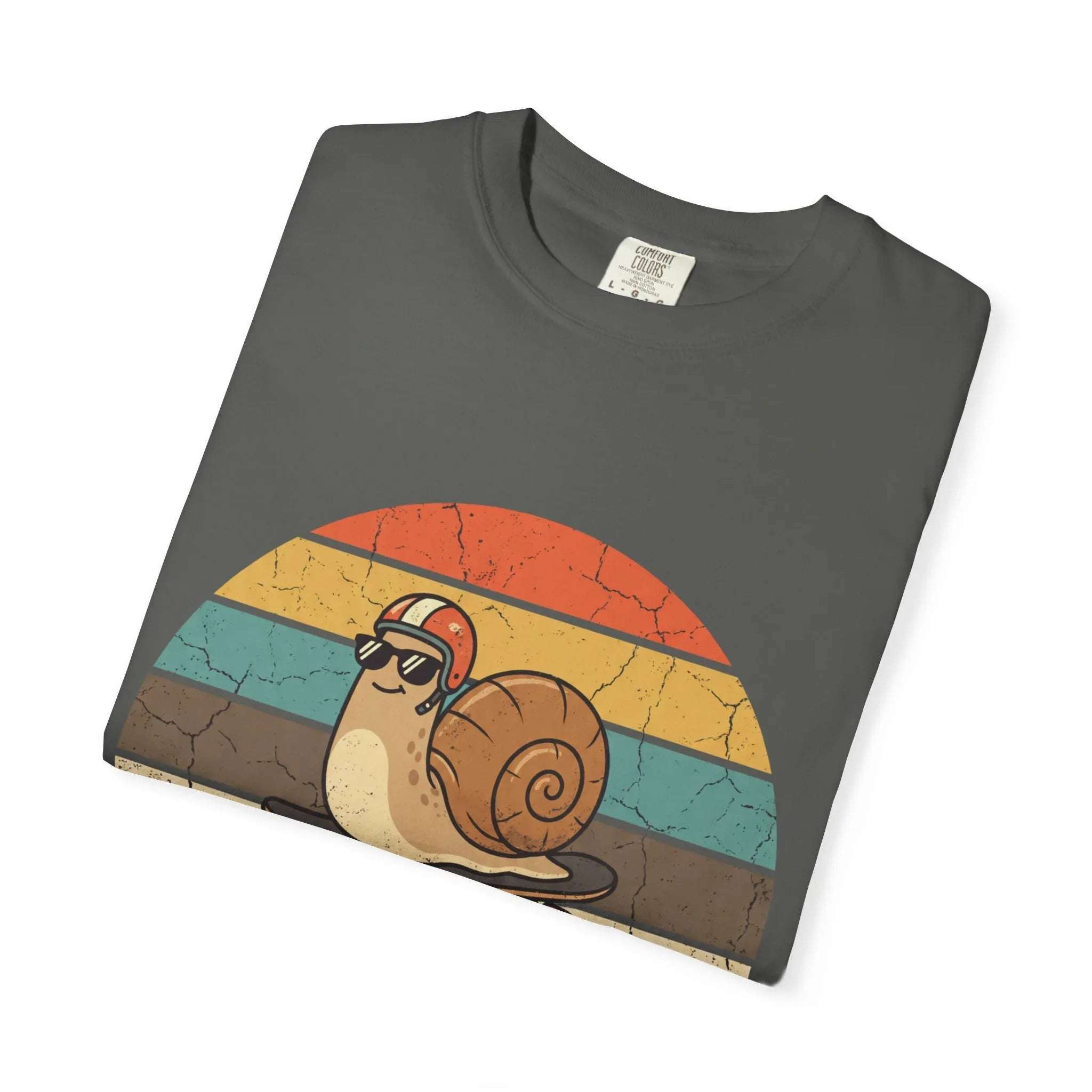 Fast Enough Snail Skateboard T-Shirt | Retro Sunset Graphic Tee | Funny Vintage Streetwear | Garment-Dyed Heavyweight Unisex Shirt Pepper