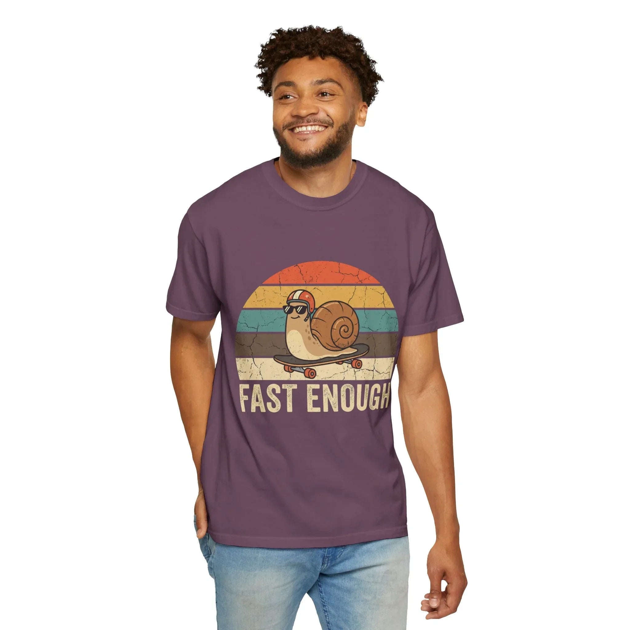 Fast Enough Snail Skateboard T-Shirt | Retro Sunset Graphic Tee | Funny Vintage Streetwear | Garment-Dyed Heavyweight Unisex Shirt Berry M