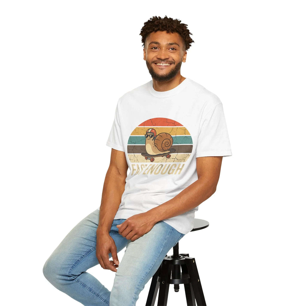 Fast Enough Snail Skateboard T-Shirt | Retro Sunset Graphic Tee | Funny Vintage Streetwear | Garment-Dyed Heavyweight Unisex Shirt