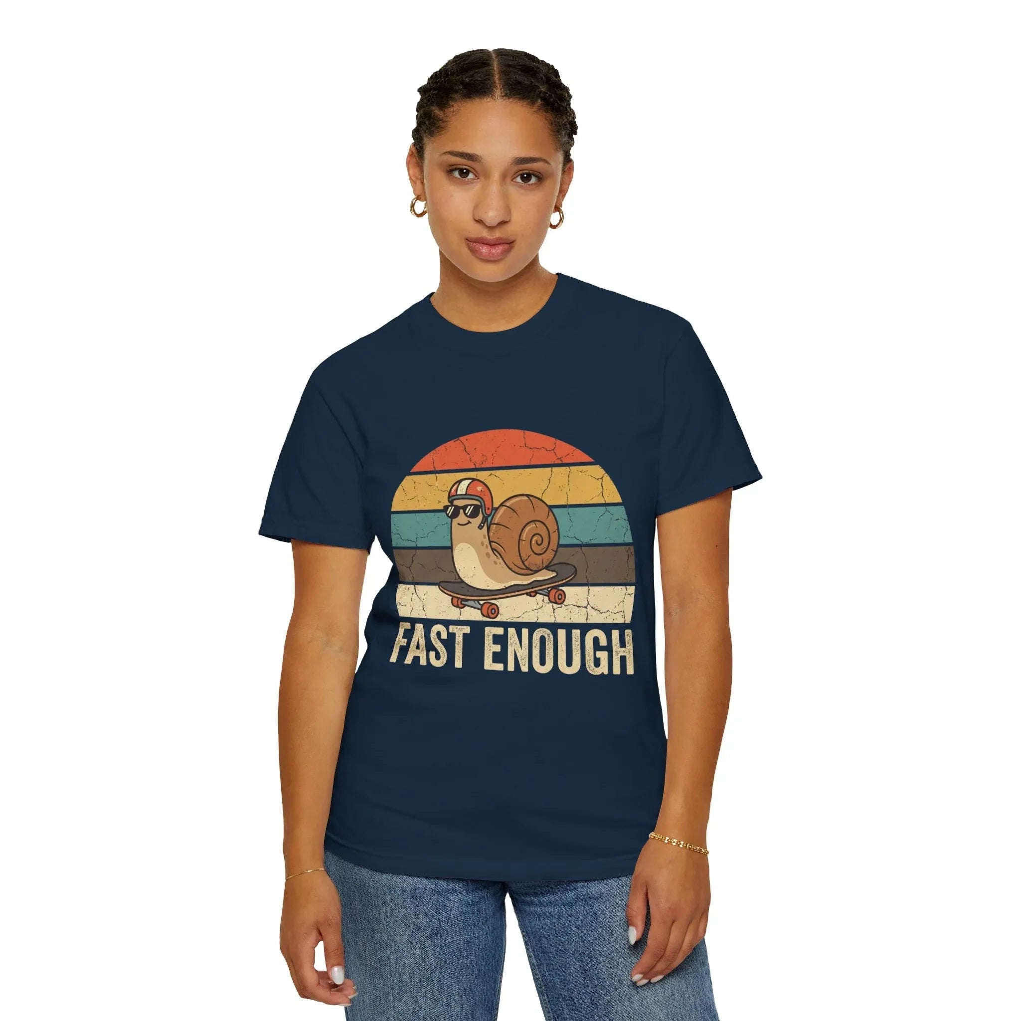 Fast Enough Snail Skateboard T-Shirt | Retro Sunset Graphic Tee | Funny Vintage Streetwear | Garment-Dyed Heavyweight Unisex Shirt True Navy