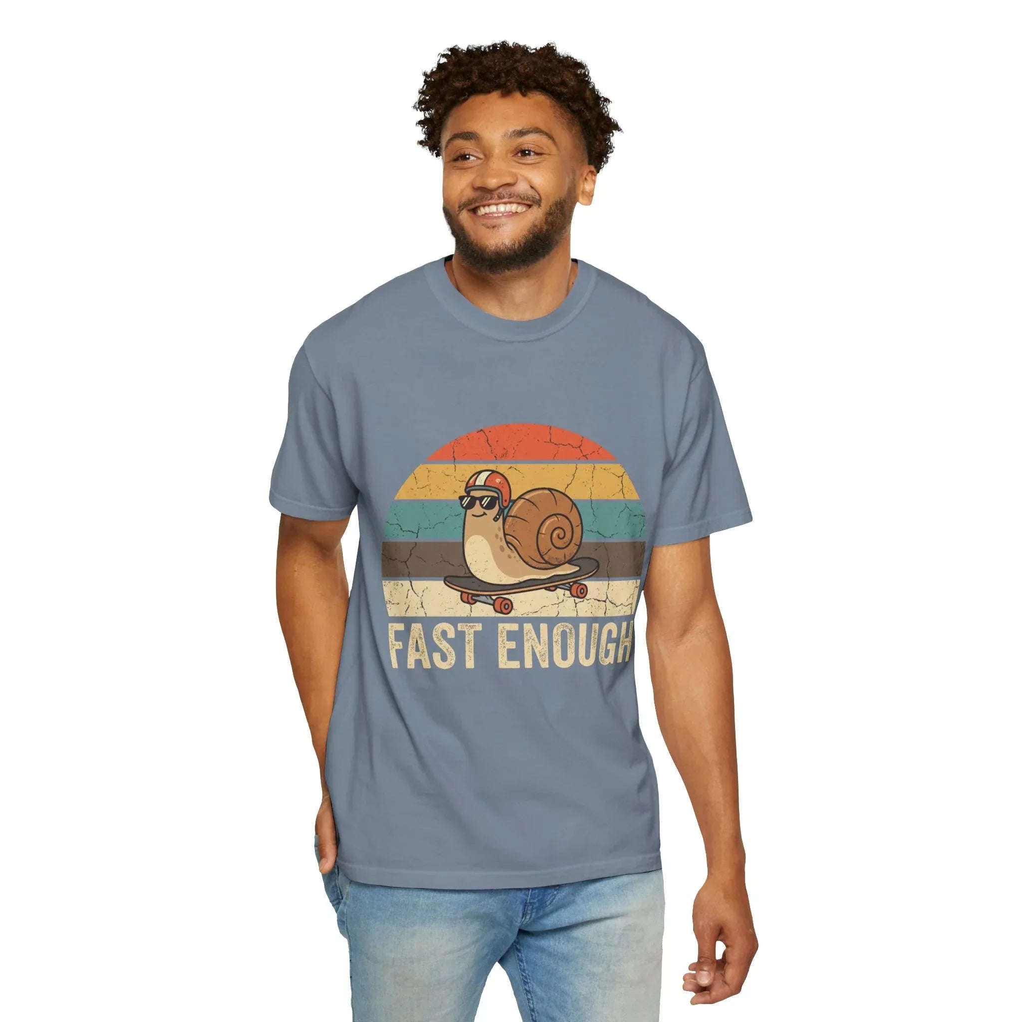 Fast Enough Snail Skateboard T-Shirt | Retro Sunset Graphic Tee | Funny Vintage Streetwear | Garment-Dyed Heavyweight Unisex Shirt Blue Jean