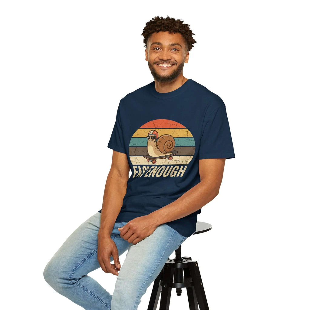 Fast Enough Snail Skateboard T-Shirt | Retro Sunset Graphic Tee | Funny Vintage Streetwear | Garment-Dyed Heavyweight Unisex Shirt
