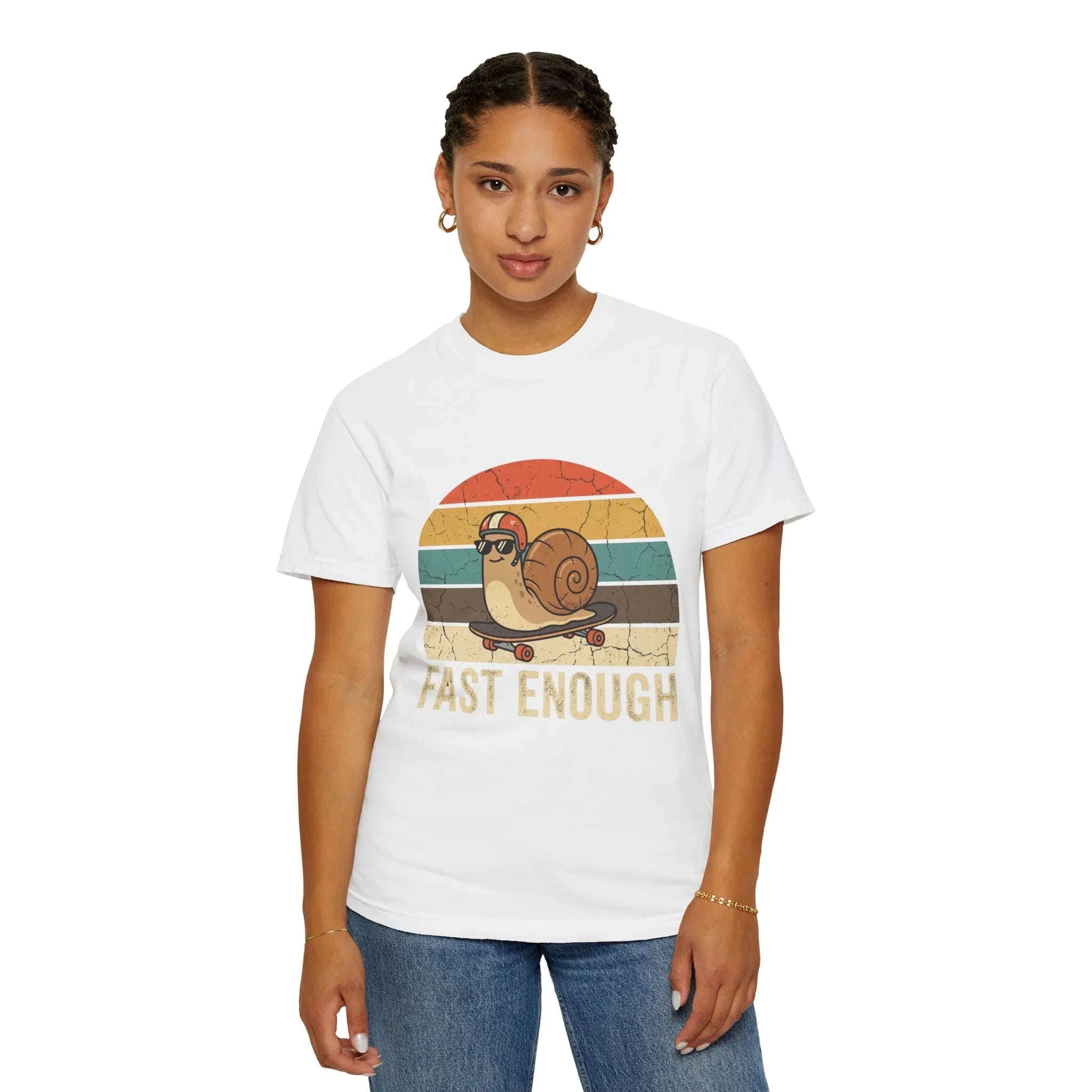 Fast Enough Snail Skateboard T-Shirt | Retro Sunset Graphic Tee | Funny Vintage Streetwear | Garment-Dyed Heavyweight Unisex Shirt White
