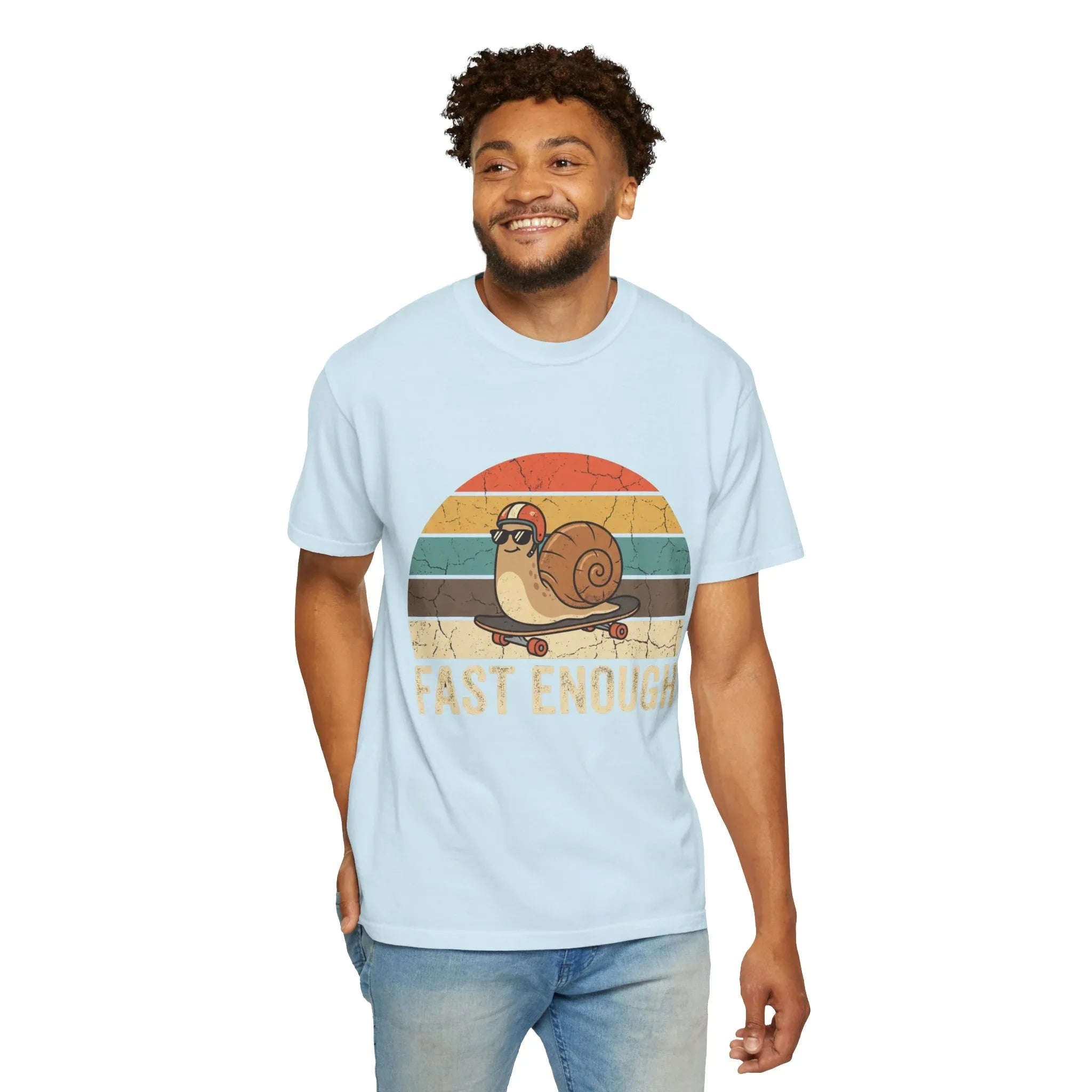 Fast Enough Snail Skateboard T-Shirt | Retro Sunset Graphic Tee | Funny Vintage Streetwear | Garment-Dyed Heavyweight Unisex Shirt Chambray