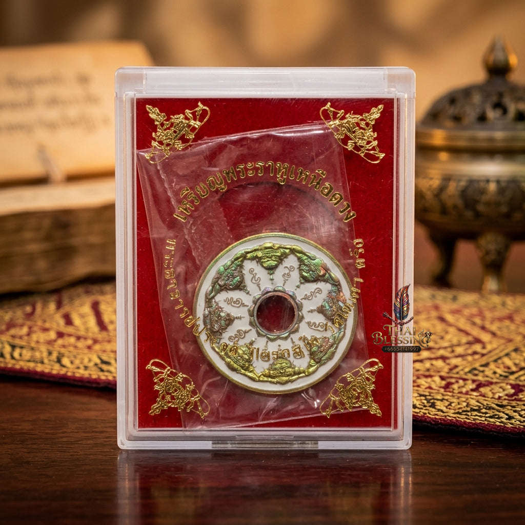 ✨ [Fate-Stabilizer] Sacred Phra Rahu "Wealth-Magnet" Satta-Loha White Enamel Coin – Master-Blessed by Phra Achan Prasut, Wat Nai Tao (Exclusive 2026 Success Token) Thai Blessing Co By RURUECHA