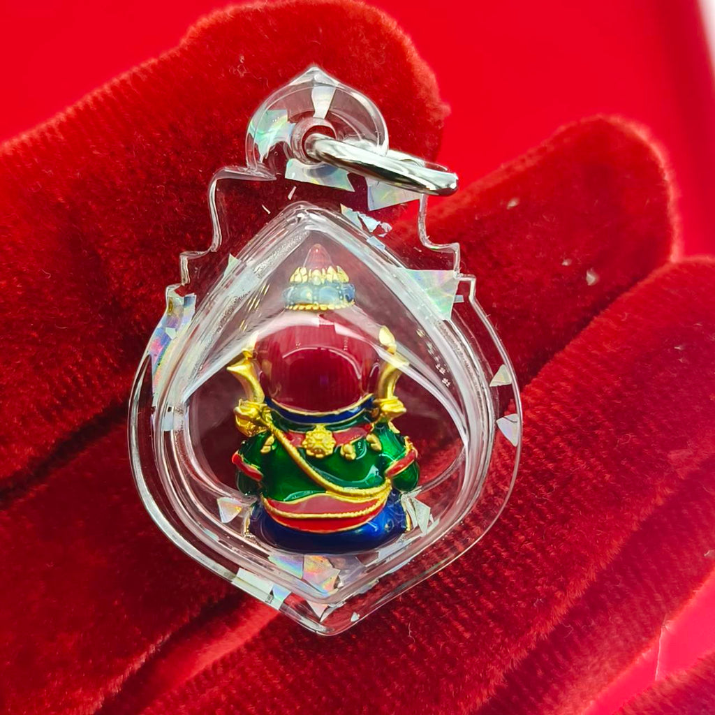 Phra Sri Siddhiya Ganapati Gold-Plated Bronze Statue with Green Enamel Finish