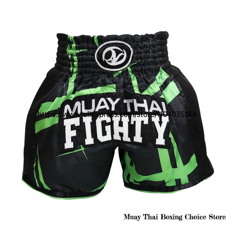 Muay Thai shorts Thailand black neon green training shorts with bold Muay Thai FIGHTY print