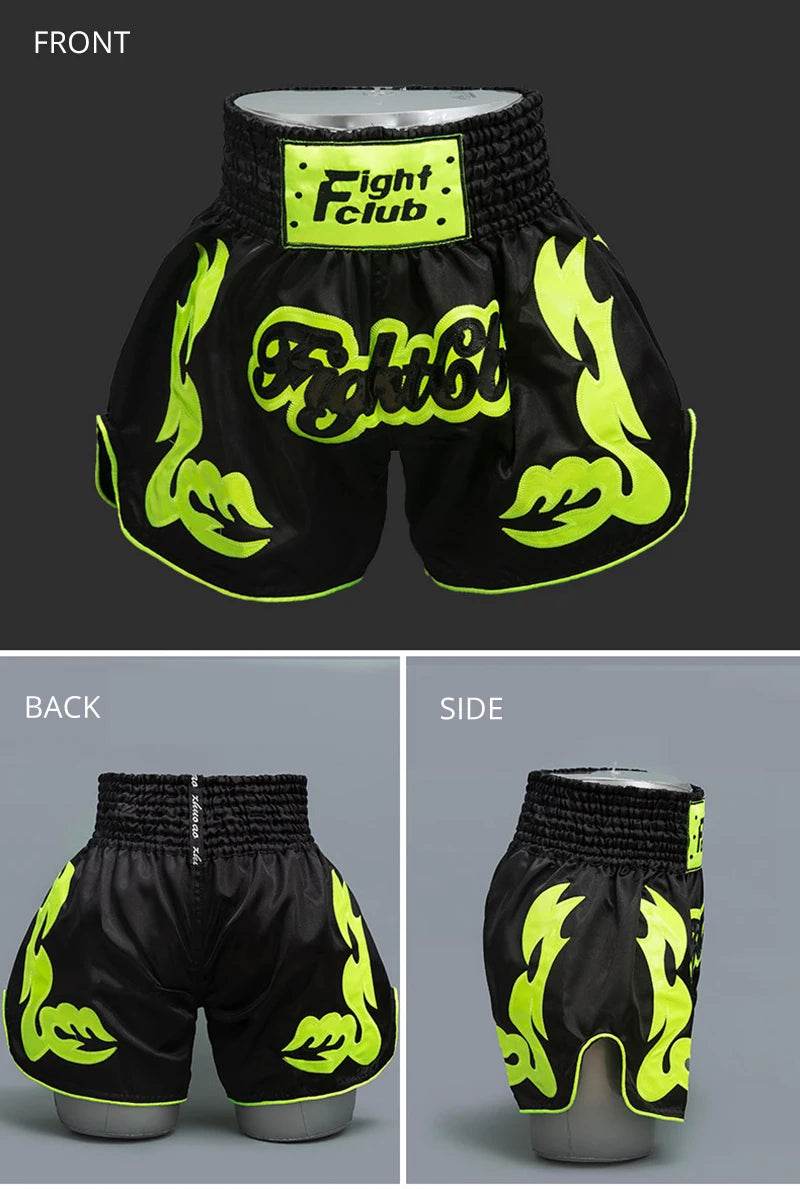 Muay Thai shorts Thailand black with neon green flame design and Fight Club waistband shown front back side views