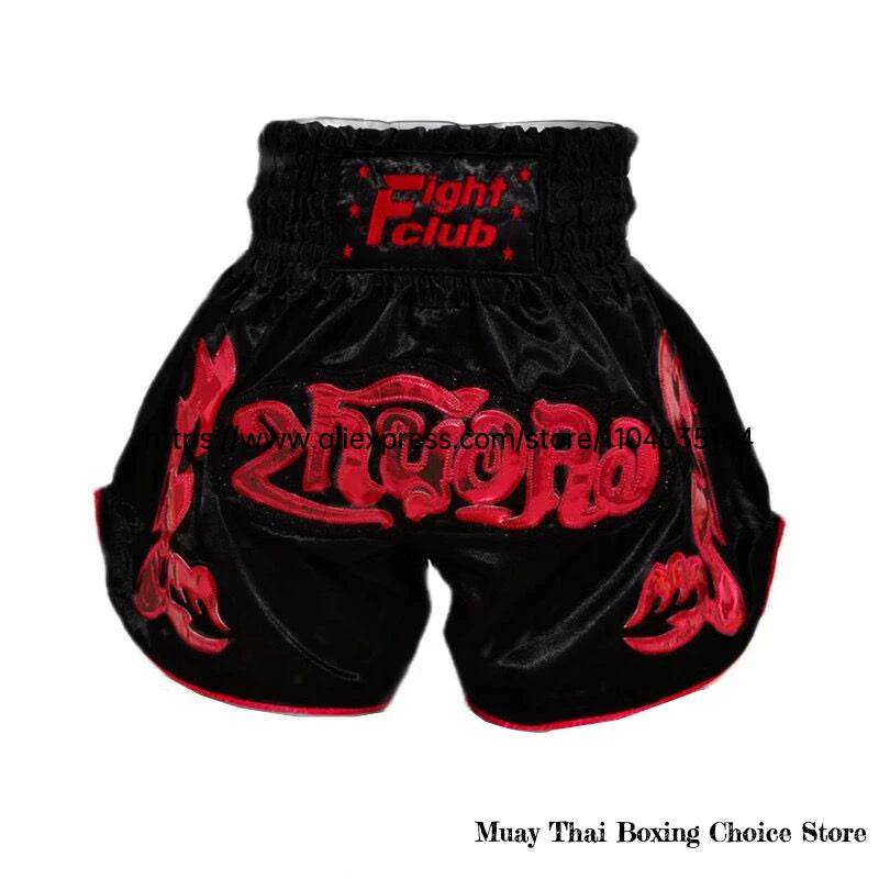 Muay Thai shorts Thailand black velvet fight club style with red embroidered flame designs ideal for training and sparring