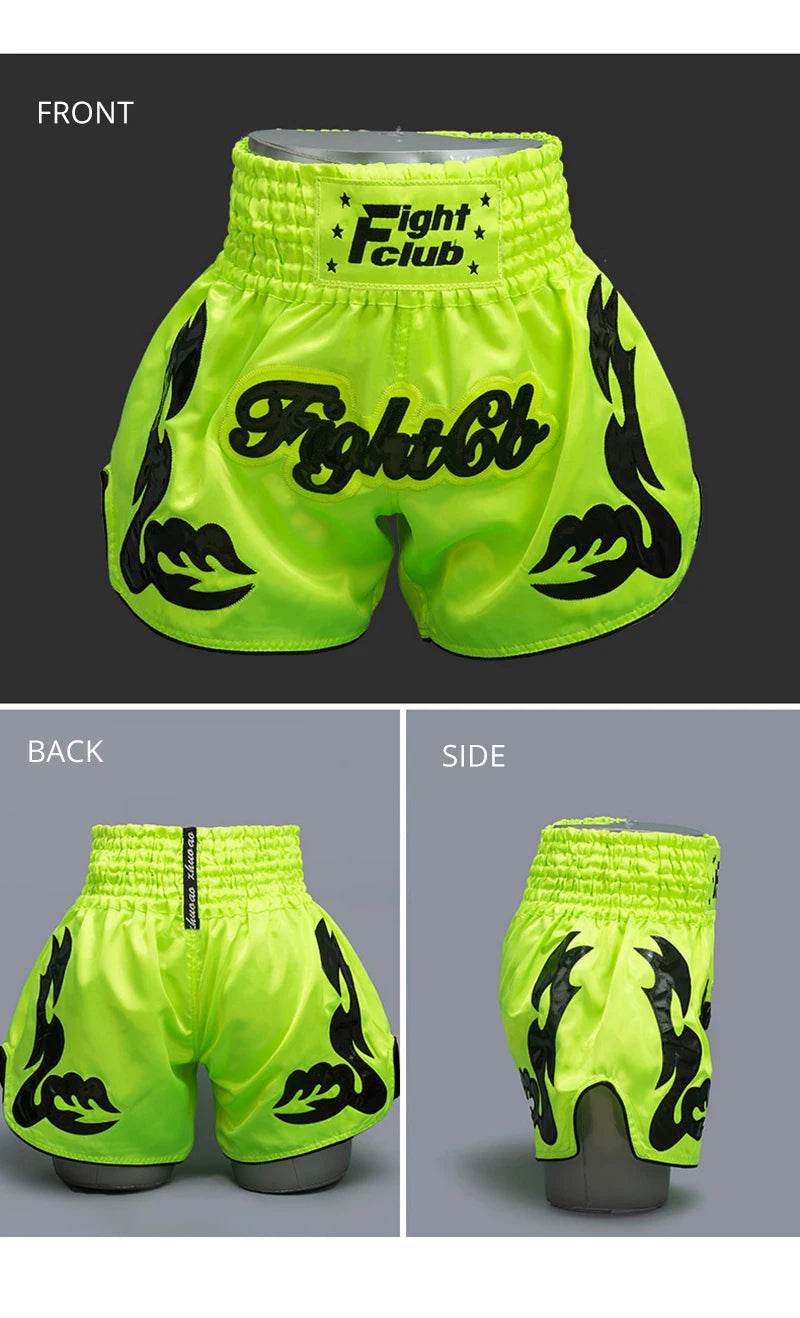 Muay Thai shorts Thailand neon green satin Fight Club shorts with black flame designs and elastic waistband