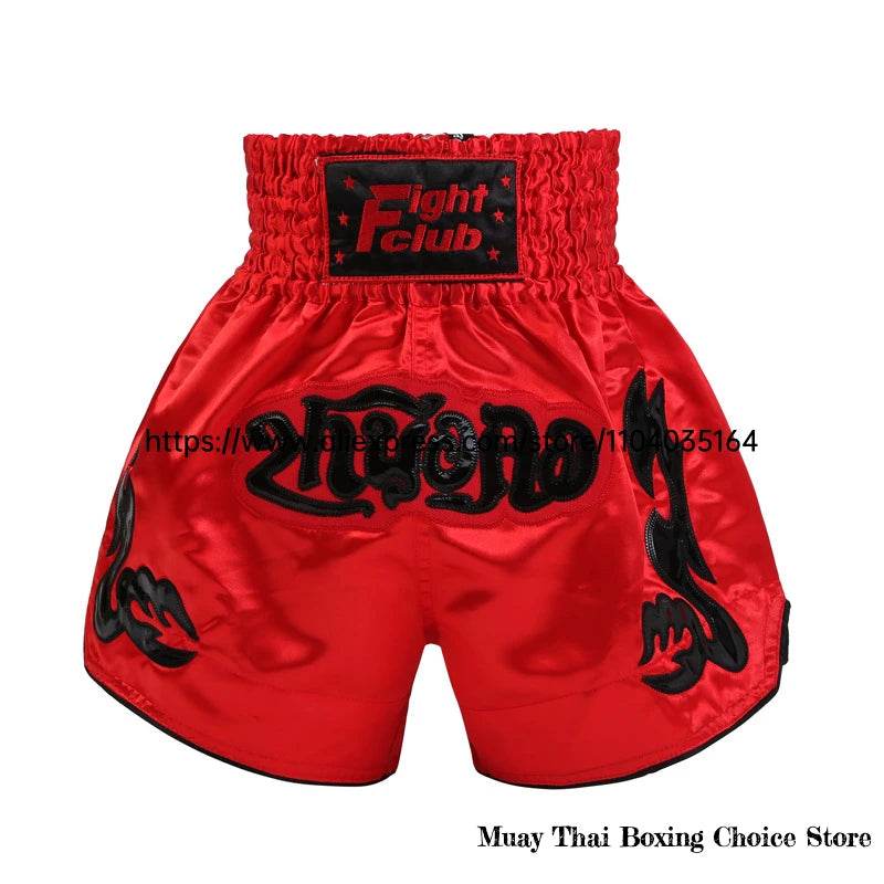 Red Muay Thai shorts Thailand with black Thai script and Fight Club patch for boxing training