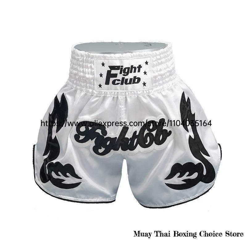 White satin Muay Thai shorts Thailand with black Fight Club logo and tribal side designs for training