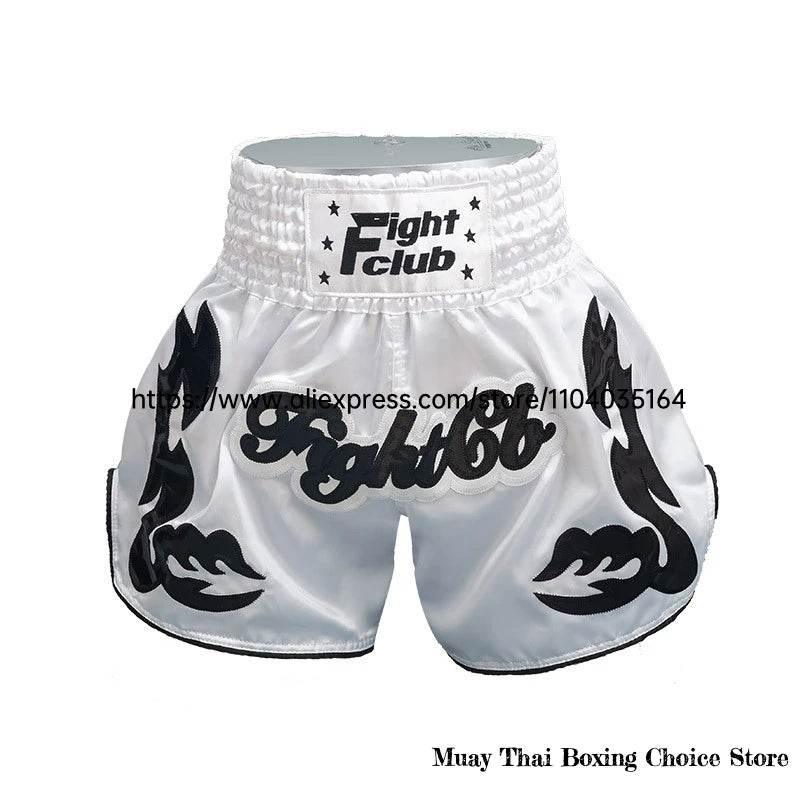Muay Thai Shorts Embroidered – Unisex Kickboxing, MMA & Boxing Trunks for Men, Women & Kids | Satin Gym Fightwear A7 White