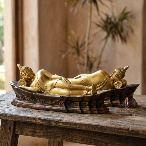 Fine Art Thai Reclining Buddha Statue "Tuesday Birthday Deity (Pang Saiyat)" by Sculptor Suphakreuk Yamprakhon - Marble Resin with Matte Gold Finish & Copper Gold Base - Consecrated Chaidee Yantra Coin Insert with Glass Display Case Thai
