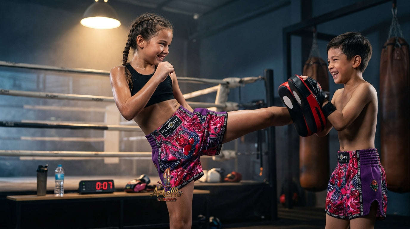 🥊 FLUORY Professional Muay Thai Shorts - High-Performance Polyester Training Trunks for Men, Women & Kids - Quick-Dry Breathable Kickboxing Gear - Advanced Combat Sports Apparel for MMA & Boxing Excellence