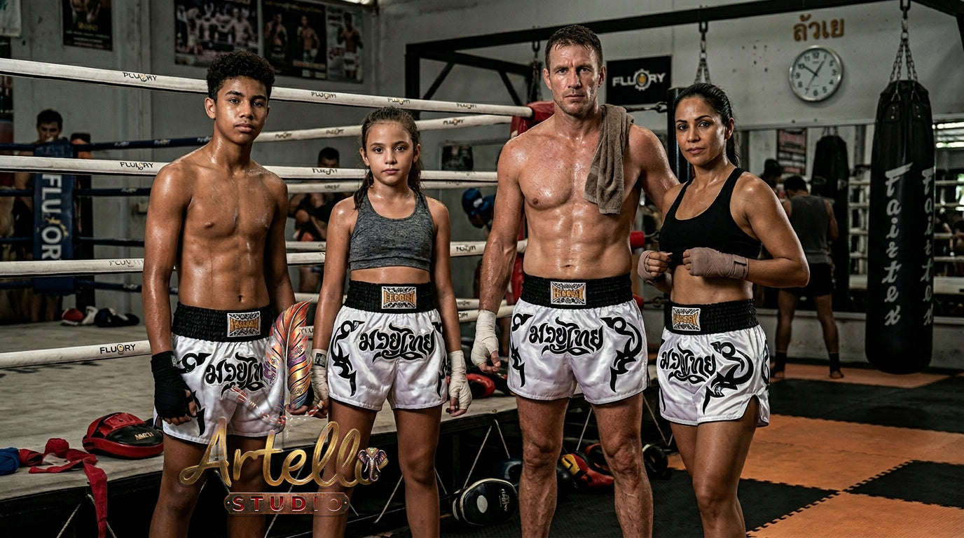 🥊 FLUORY Professional Muay Thai Shorts - High-Performance Polyester Training Trunks for Men, Women & Kids - Quick-Dry Breathable Kickboxing Gear - Advanced Combat Sports Apparel for MMA & Boxing Excellence